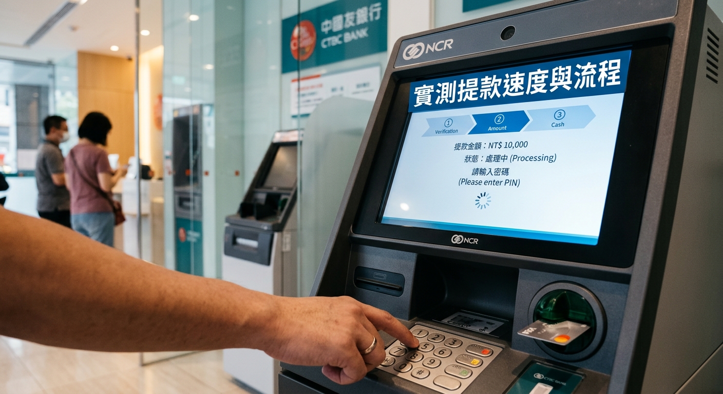 這張圖片展示了一個人在銀行自動櫃員機（ATM）前進行提款操作的實景畫面。 屏幕頂部以醒目的繁體中文顯示著主題標題：「實測提款速度與流程」。